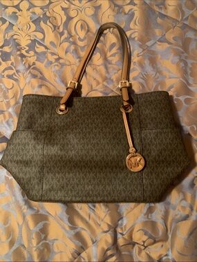 Michael Kors Olive/Brown Signature Logo Shoulder Tote with Gold Accent